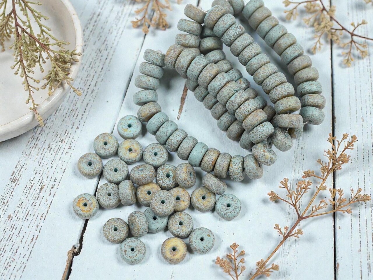 *25* 8x4mm Turquoise Washed Honey Beige Heishi Rondelle Beads